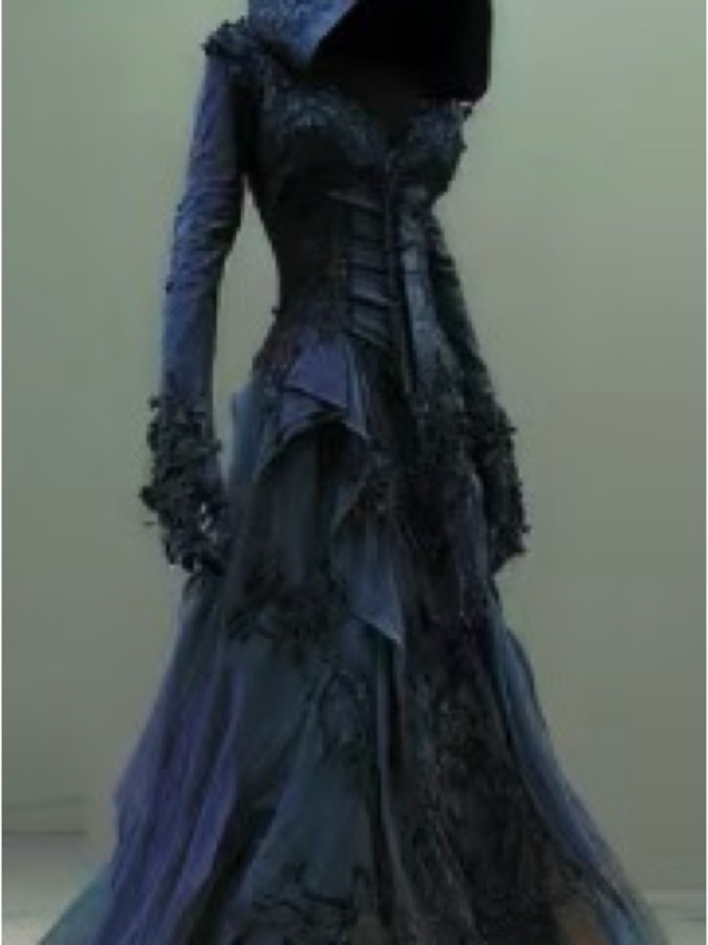 Elegant Black and Blue Gothic Hooded Evening Dress